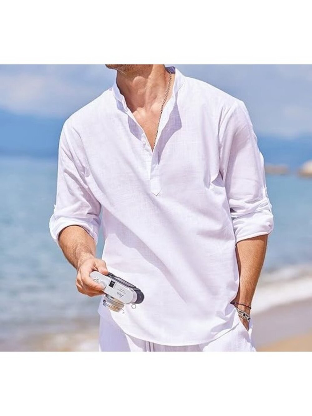 COOFANDY Men's 3XL White Cotton Hemp Blend Henley Shirt Long Sleeve Casual Beach